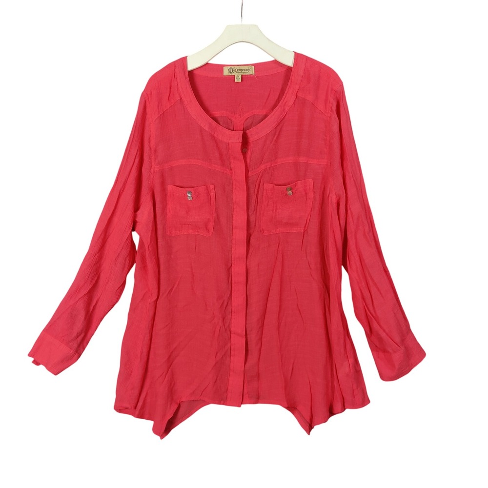 Democracy Airy‎ Modest Button Top Tunic Long Sleeve Pockets Coral Women 2X Boho